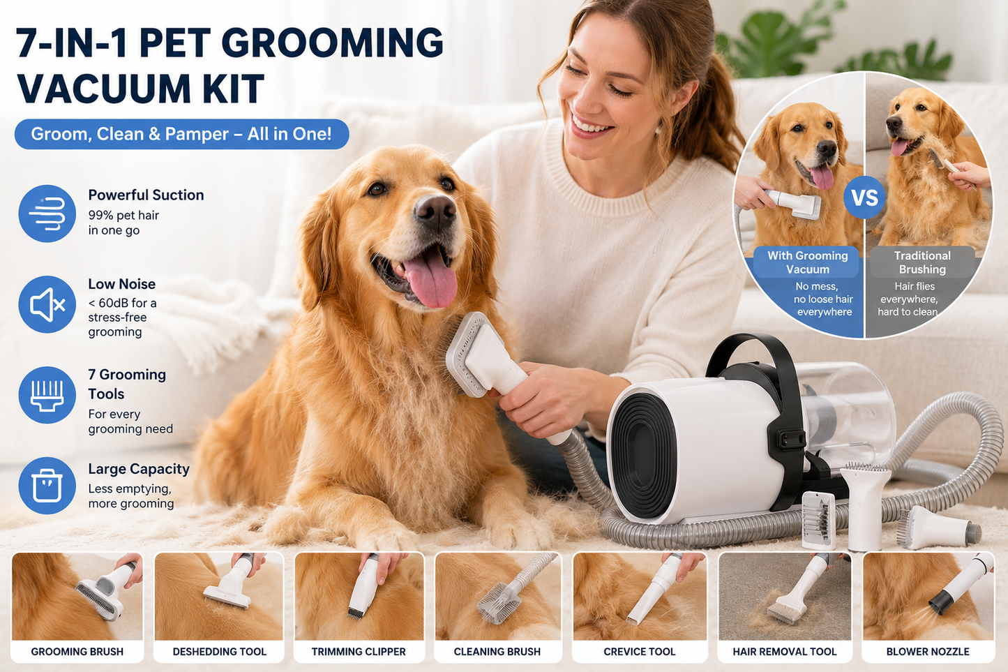 Professional Pet Grooming Vacuum – 7 Tools in 1